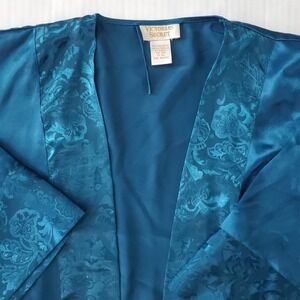 VTG Victoria's Secret Satin Teal Blue Kimono Robe One Size Gold Label No Belt